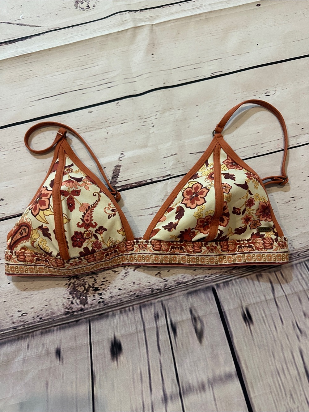 Rip Curl Cream Floral Triangle Bikini Top with Rust Trim